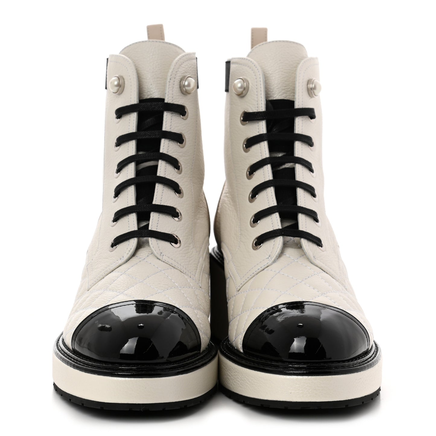 Pearly Calfskin Patent Calfskin Quilted Lace Up Boots 38 White Light Gray Black