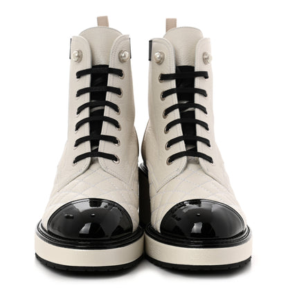 Chanel Pearly Calfskin Patent Calfskin Quilted Lace Up Boots 38 White Light Gray Black 2 of 8