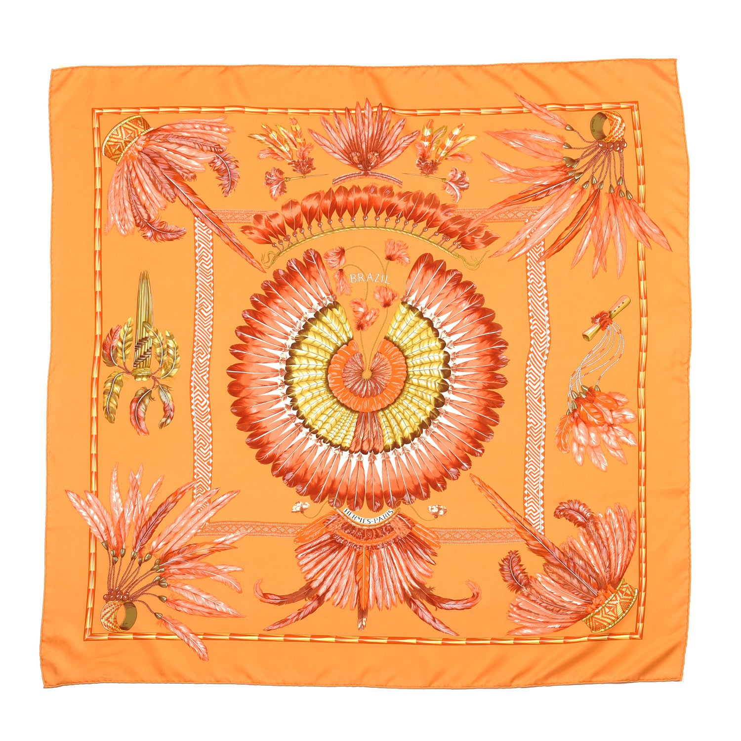 Hermes Silk Brazil Scarf 90 Mangue Corail Kaki 1 of 5