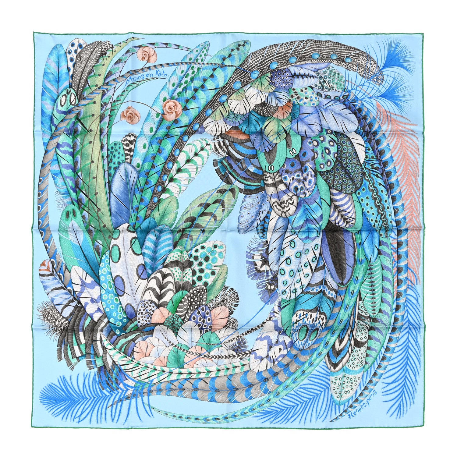 Hermes Silk Plumes En Fete Scarf 90 Ciel Vert Brun 1 of 13