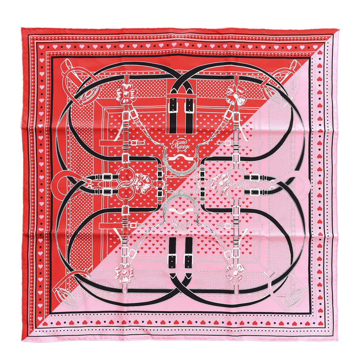 Silk Grand Manege Cut Bandana Love Scarf 65 Rouge Rose Black