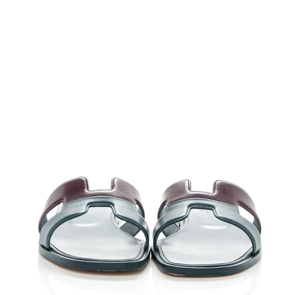 Hermes Box Calfskin Oran Sandals 37.5 Bleu Ardoise Bordeaux 2 of 7