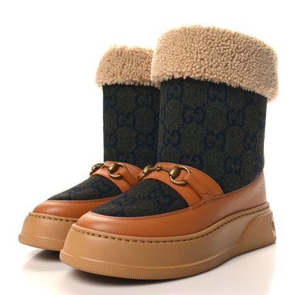 Gucci Covered Wool Monogram Textured Dollar Calfskin Shearling Horsebit Snow Boots 39.5 Underwood Blue Hazel Brown 3 of 7