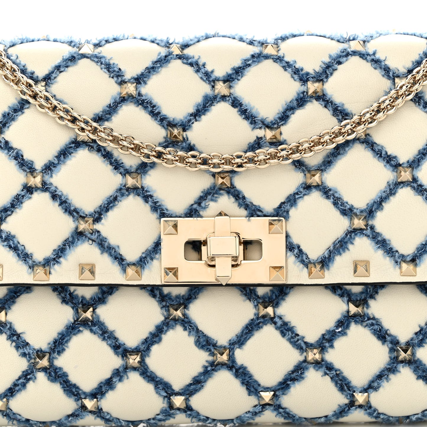 Nappa Denim Quilted Rockstud Spike Wallet on Chain Ivory Blue