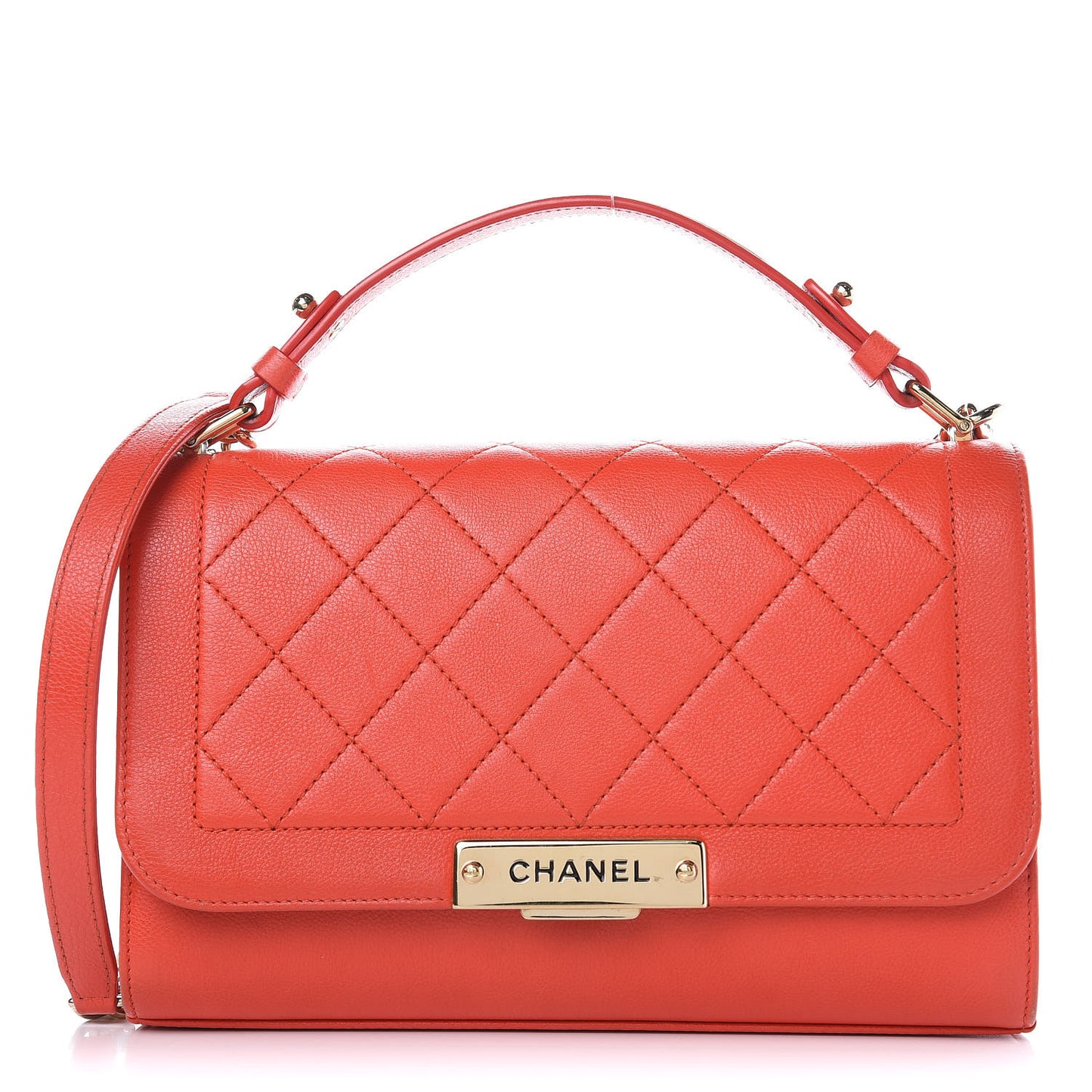 Grained Calfskin Quilted Medium Label Click Flap Bag Red