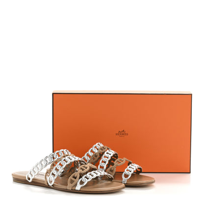 Hermes Metallic Nappa Suede Chaine d'Ancre Nude Sandals 36 Beige Sable Gris Argente 10 of 10