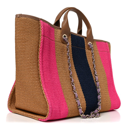 Chanel Straw Raffia Calfskin Striped Medium Deauville Tote Dark Beige Fuchsia Navy Blue 3 of 11