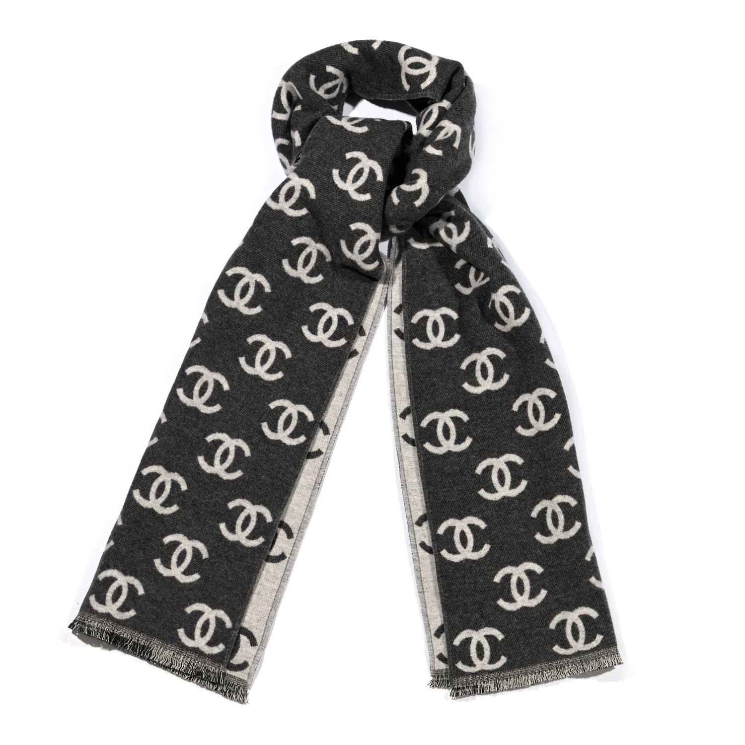 Chanel Cashmere Wool CC Scarf Grey White 1 of 4