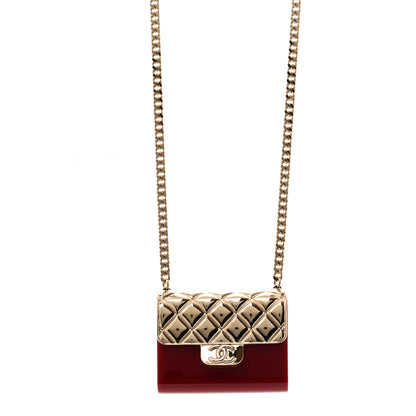 Chanel Metal Resin Flap Bag Long Necklace Gold Red 1 of 6