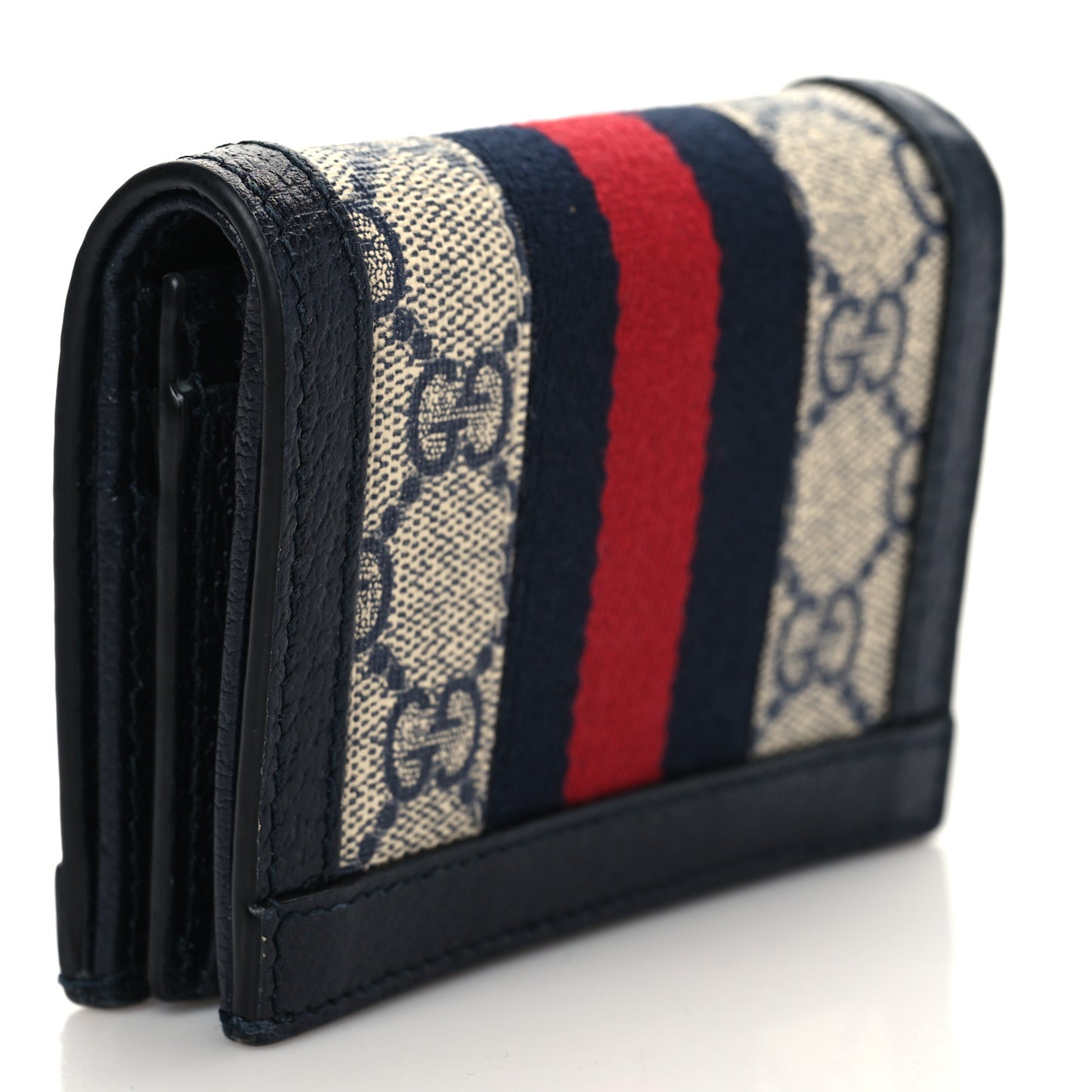 GG Supreme Monogram Textured Dollar Calfskin Web Ophidia Card Case Beige Blue