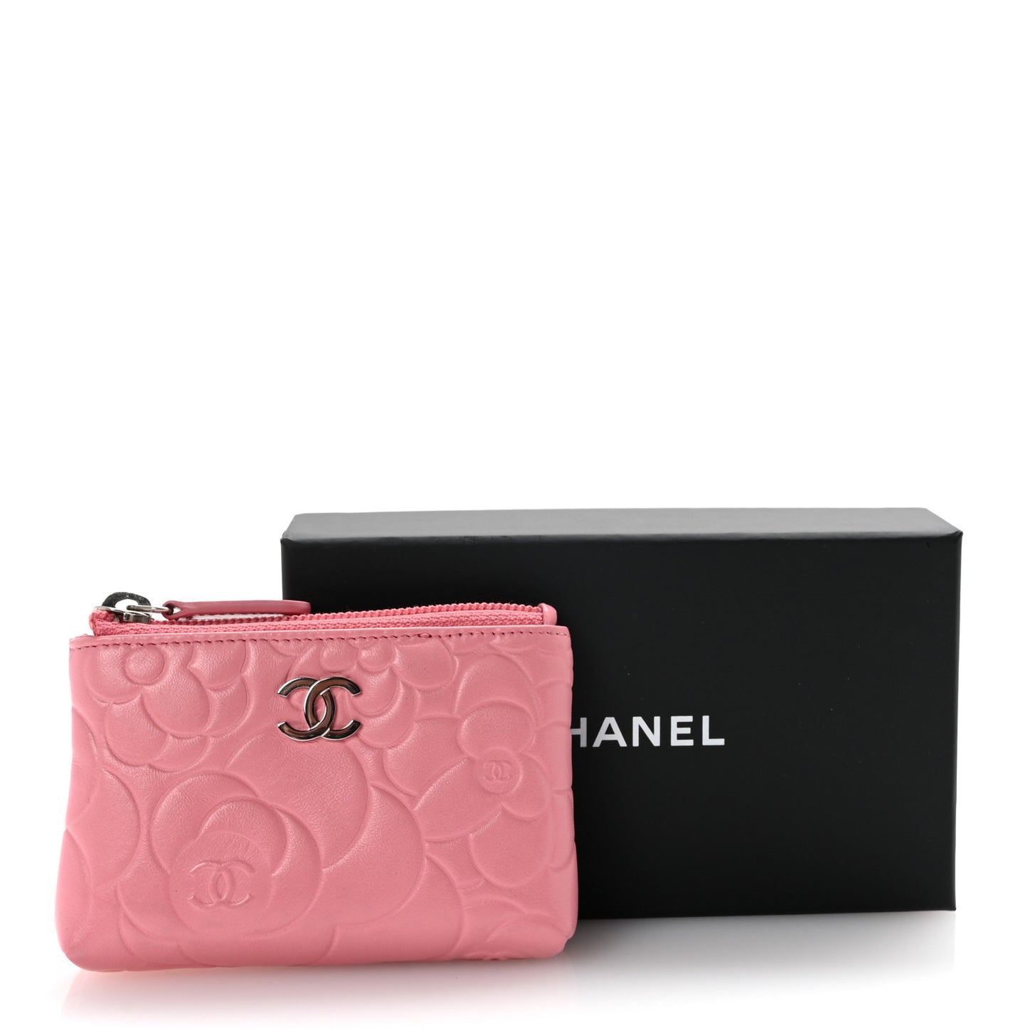 Lambskin Camellia Embossed Key Holder Case Pink