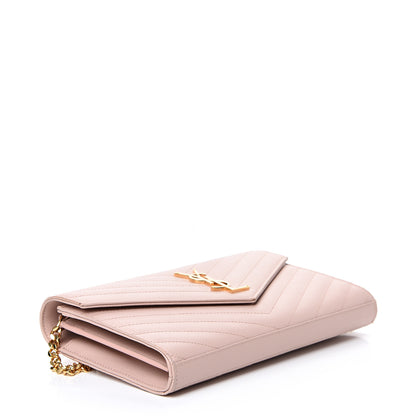 Saint Laurent Grain De Poudre Matelasse Chevron Monogram Chain Wallet Pale Blush 3 of 13