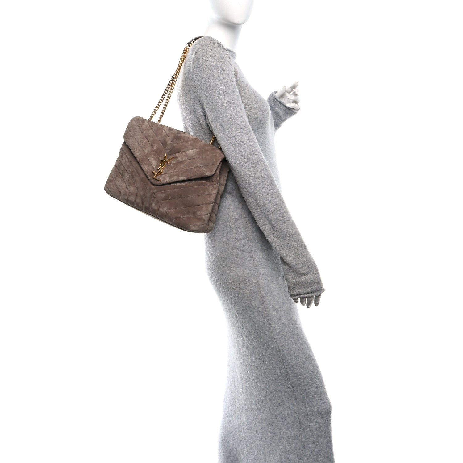 Saint Laurent Suede Y Quilted Monogram Medium Loulou Chain Satchel Taupe 2 of 12