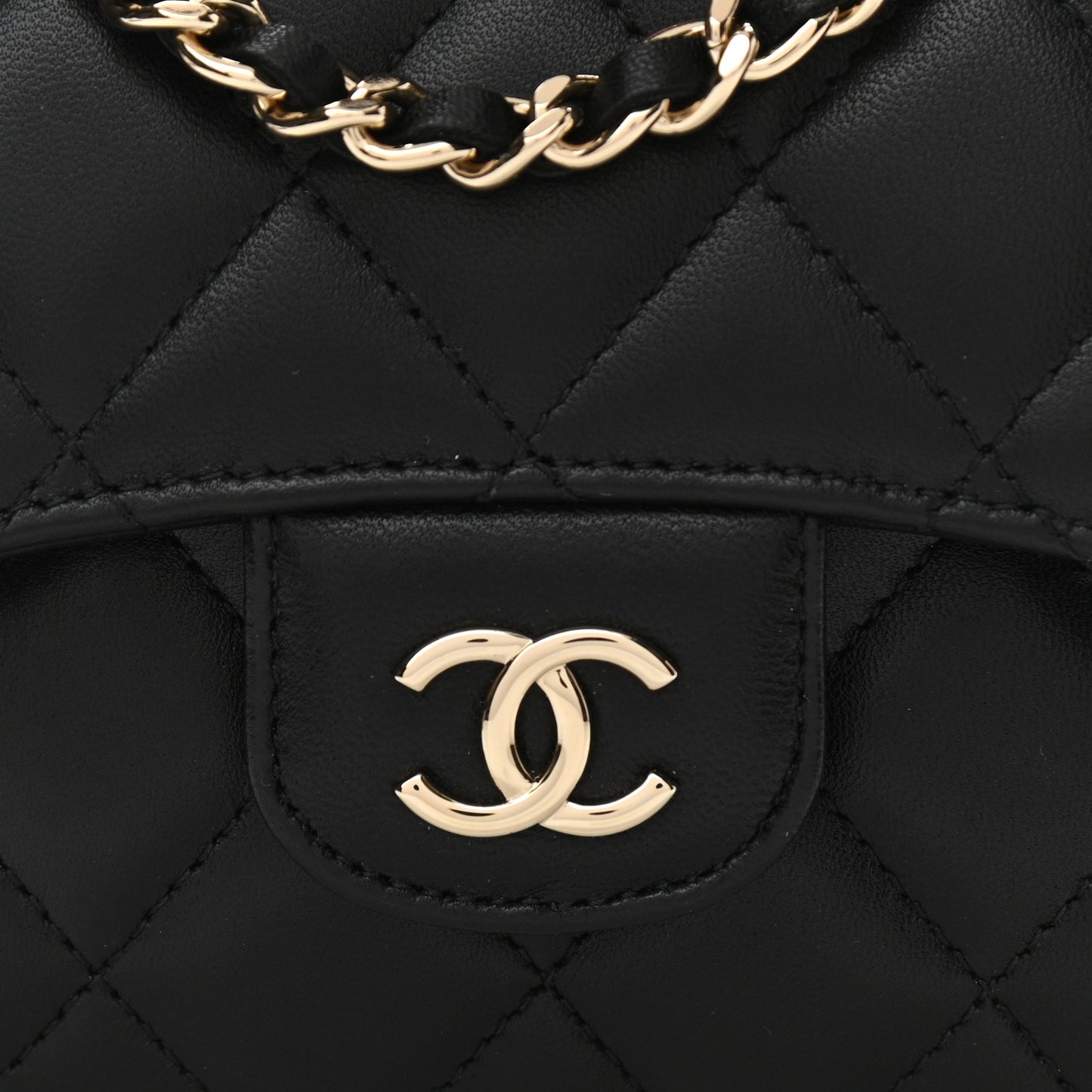 Lambskin Quilted Top Handle Flap Clutch With Chain Black