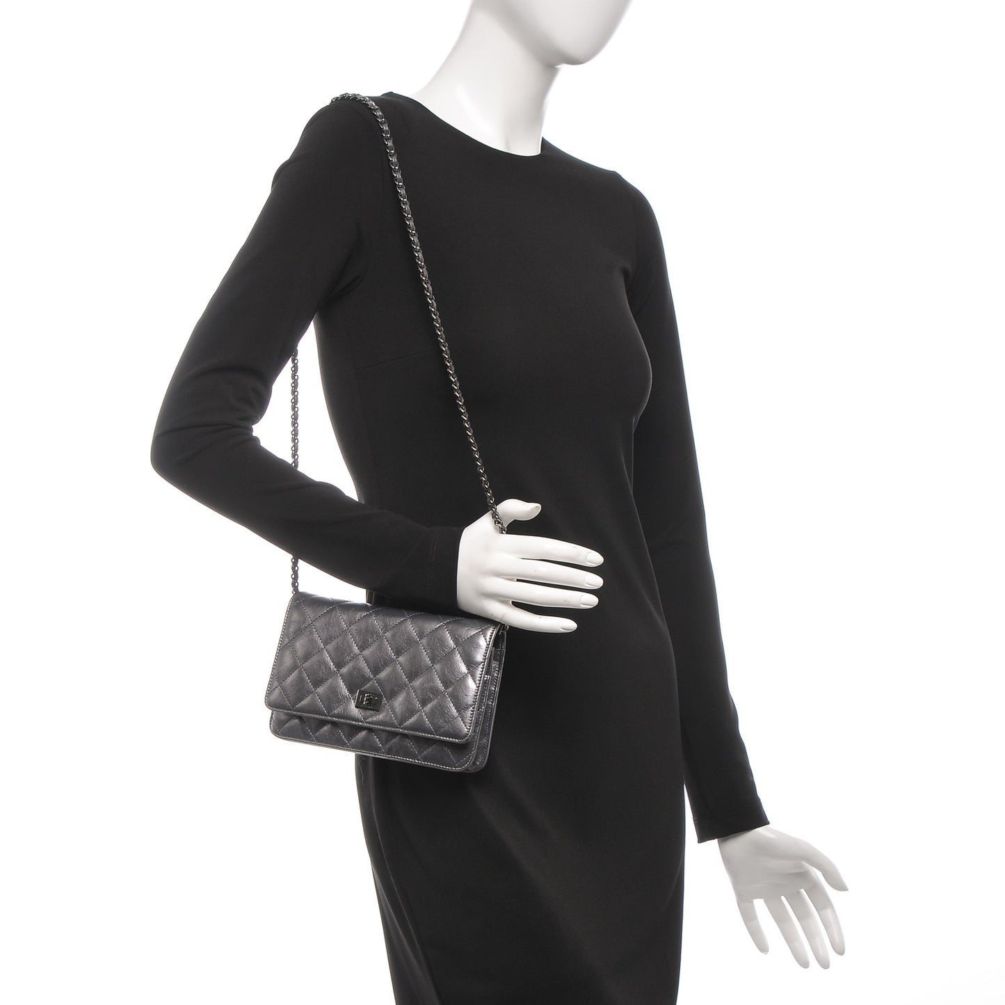 Metallic Aged Calfskin Reissue Wallet On Chain WOC Dark Silver