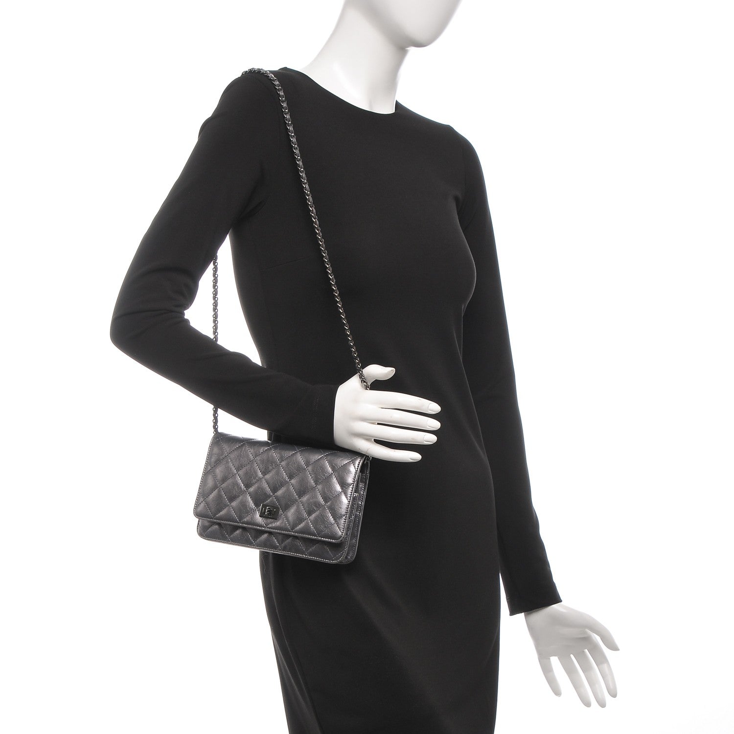 Chanel Metallic Aged Calfskin Reissue Wallet On Chain WOC Dark Silver 2 of 8