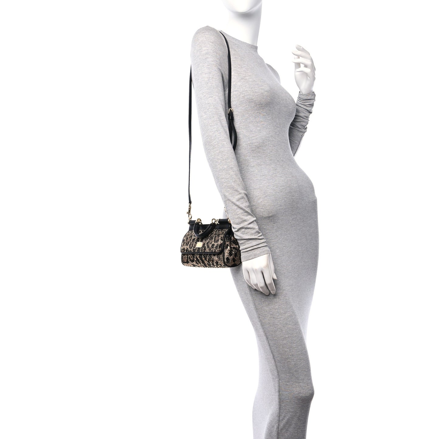 DOLCE GABBANA Satin Crystal Calfskin Iguana Embossed Small Miss Sicily Satchel Leopard