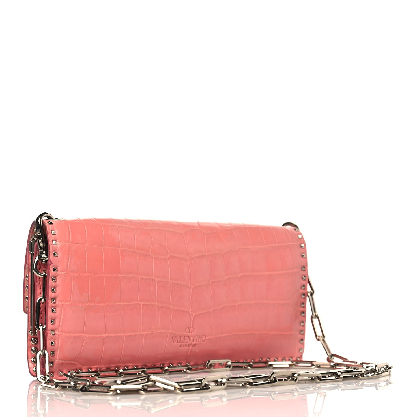 Calfskin Alligator Embossed Rockstud Wallet On Chain Paradise Rose
