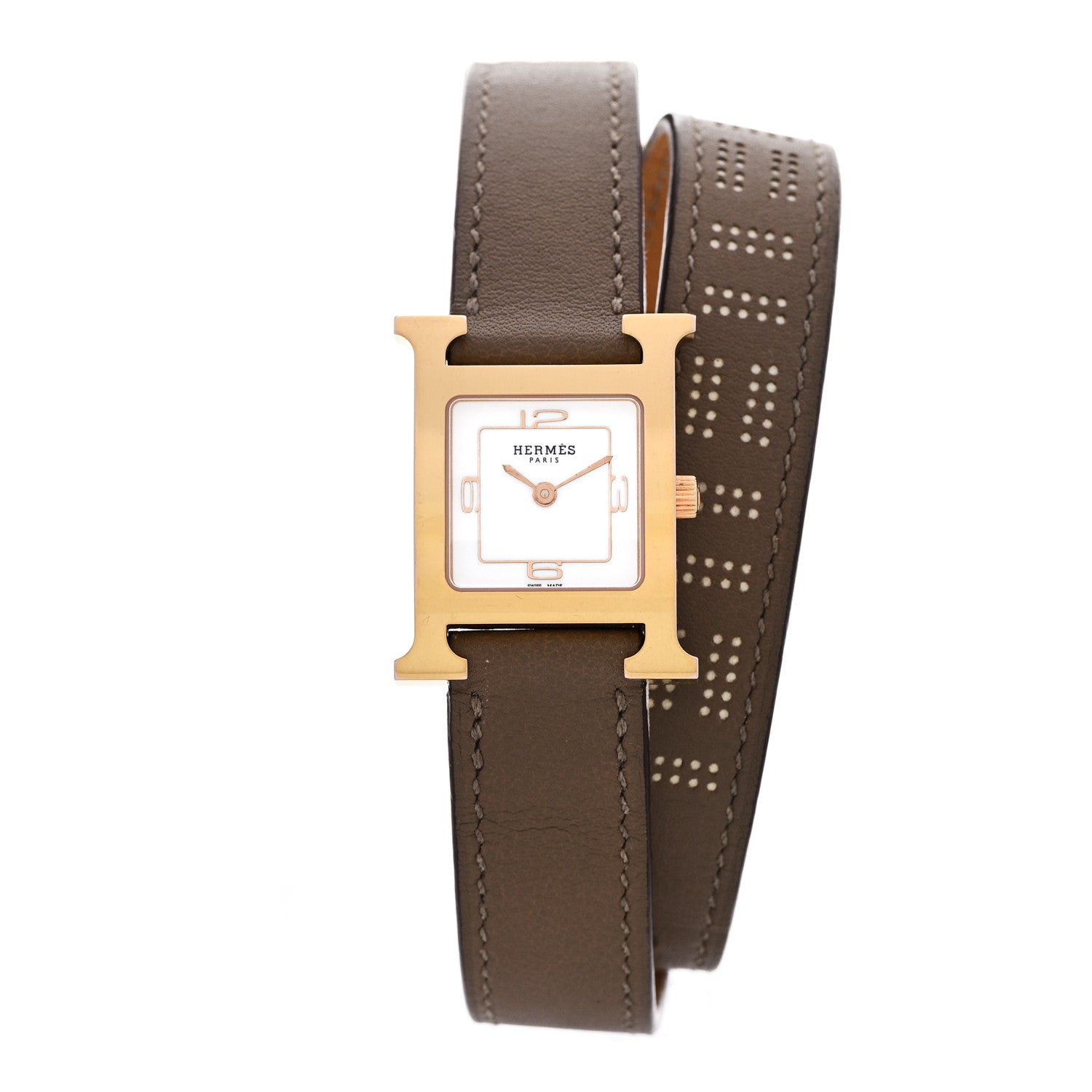 Hermes Stainless Steel Swift 21mm Heure H Hour Perforated Double Tour Quartz Watch Etoupe 1 of 4