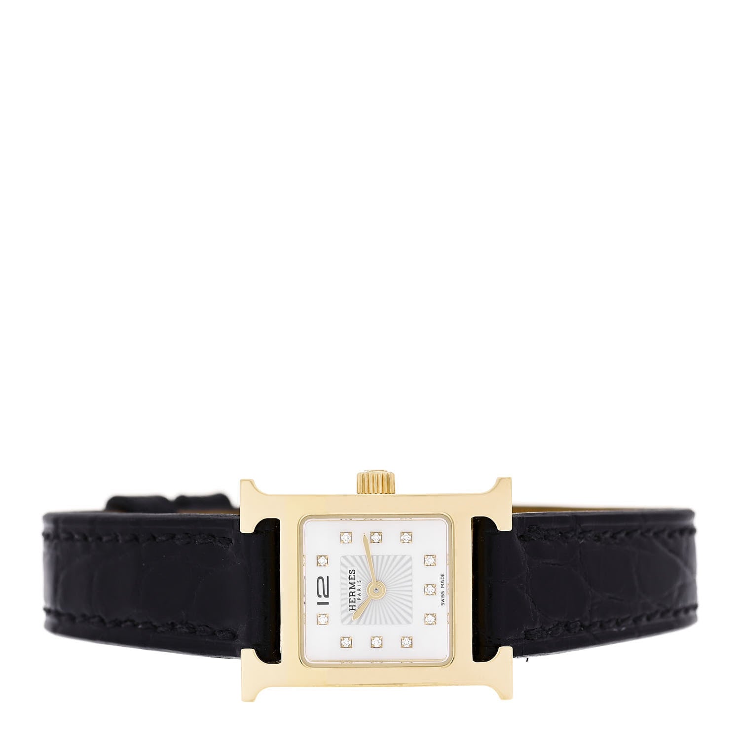 Hermes Stainless Steel Alligator Diamond Mother of Pearl 17.2mm Heure H Hour Quartz Watch Noir 2 of 5