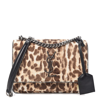 Saint Laurent Calf Hair Leopard Print Monogram Small Sunset Chain Wallet Natural Black 1 of 9