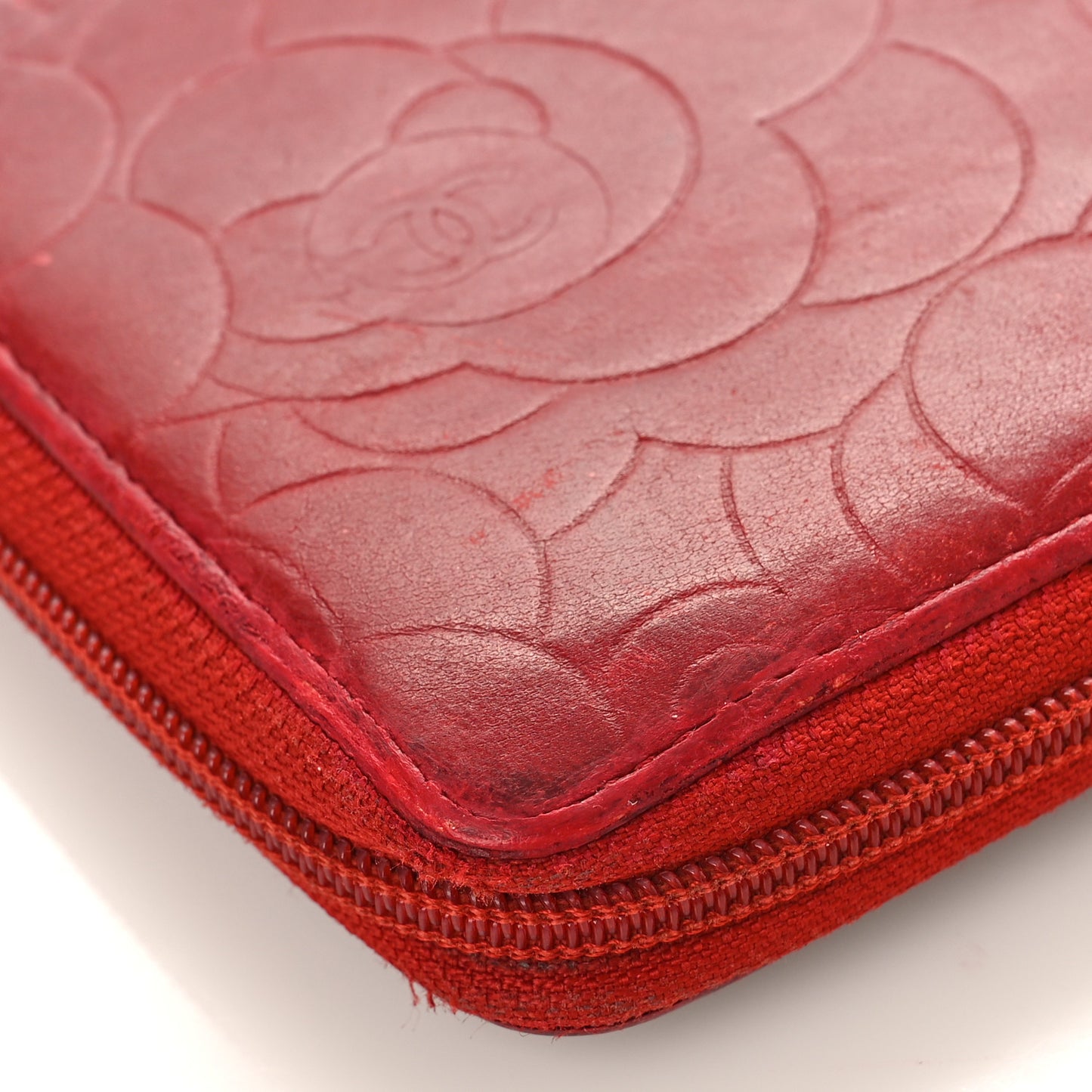 Lambskin Camellia Embossed Zip Around Organizer Wallet Red