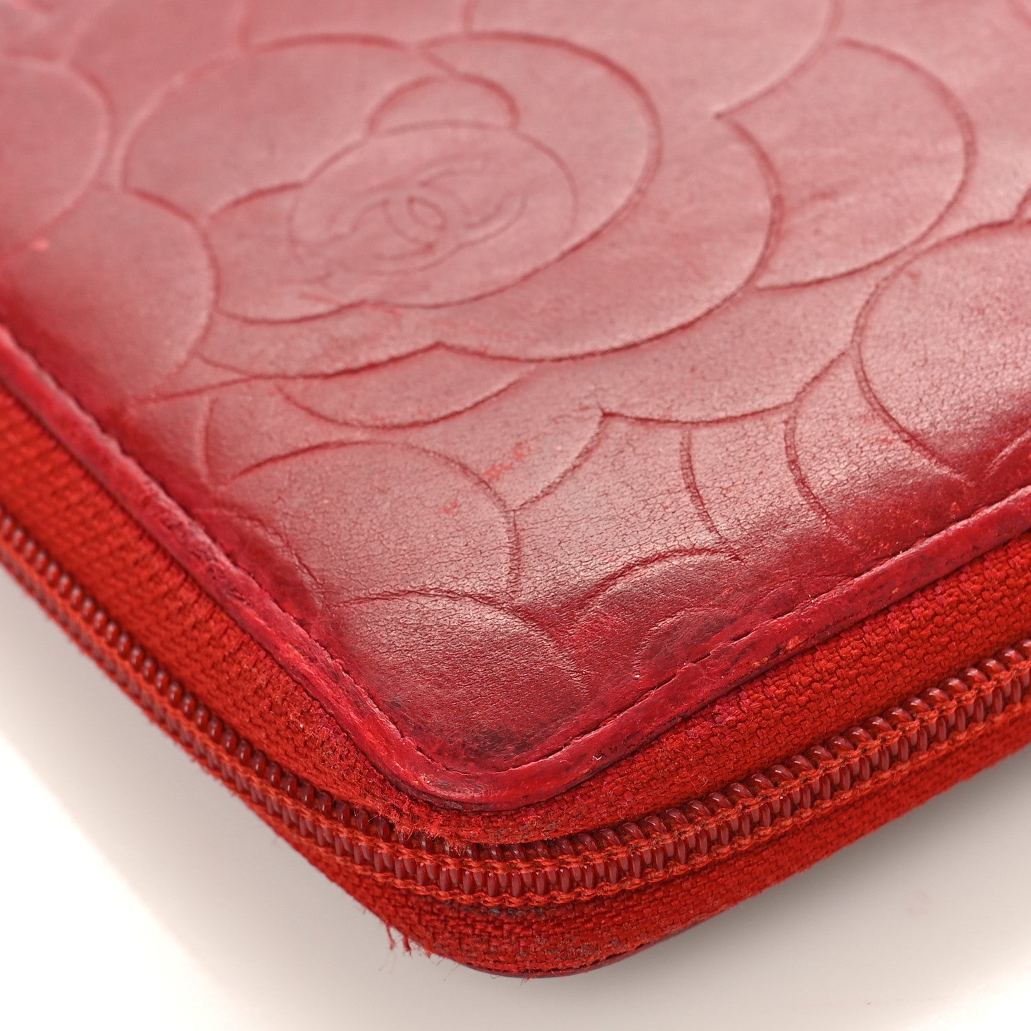 Chanel Lambskin Camellia Embossed Zip Around Organizer Wallet Red 11 of 16