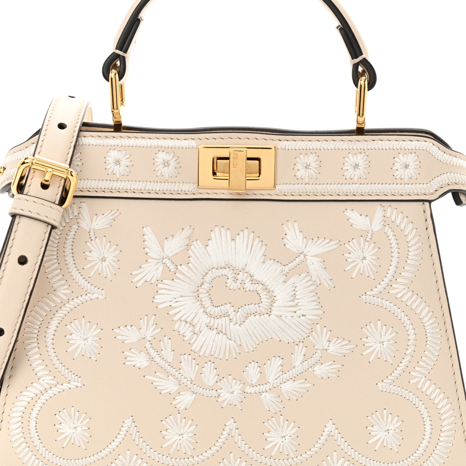 Fendi Vitello Seta Shiny Nappa Floral Embroidered Petite Peekaboo I SEE U Satchel Camelia White Ice 9 of 12