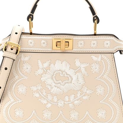 Fendi Vitello Seta Shiny Nappa Floral Embroidered Petite Peekaboo I SEE U Satchel Camelia White Ice 9 of 12