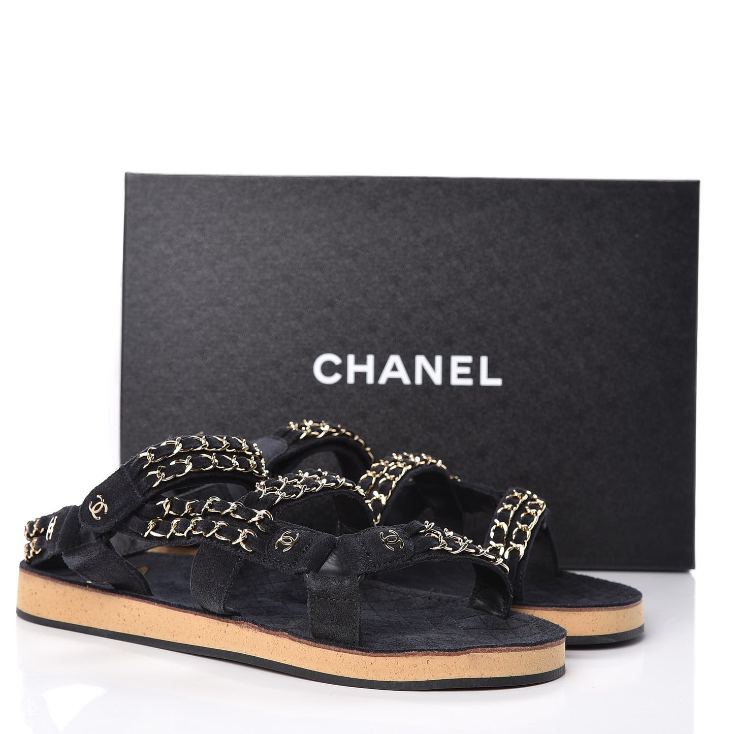 Suede Chain Flat Sandals 41 Black