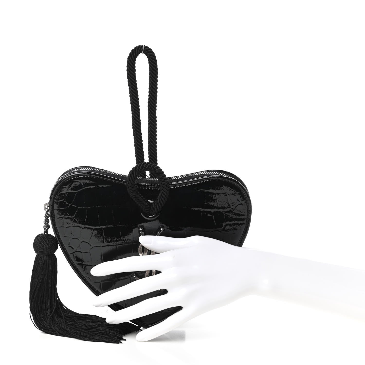 Saint Laurent Patent Crocodile Embossed Sac Coeur Heart Shaped Clutch Black 2 of 10