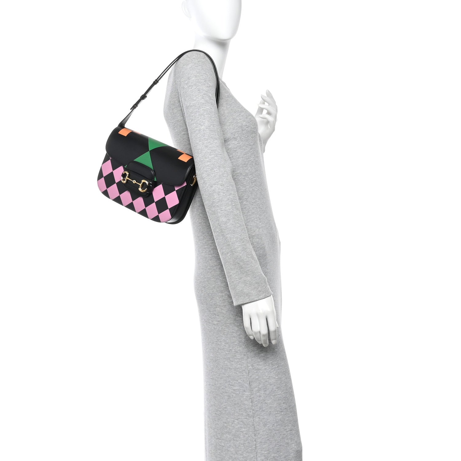 Gucci Textured Calfskin Geometric Print Horsebit 1955 Shoulder Bag Black Multicolor 3 of 12