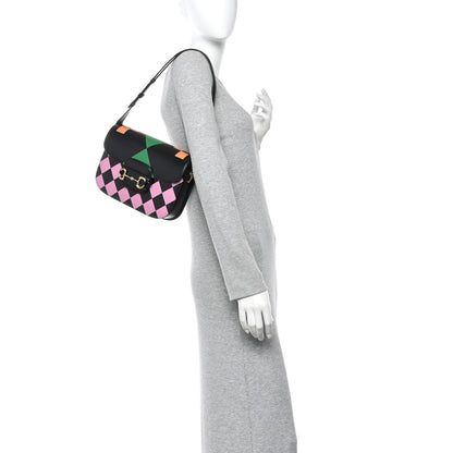 Gucci Textured Calfskin Geometric Print Horsebit 1955 Shoulder Bag Black Multicolor 3 of 12