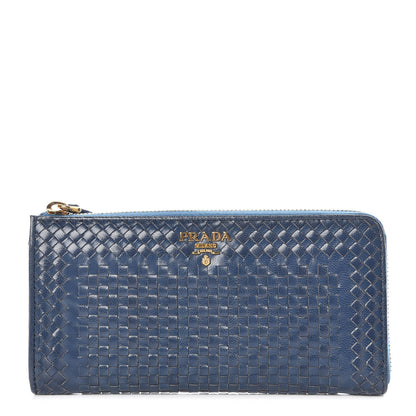Prada Goatskin Woven Zip Around Wallet Azzurro 1 of 9