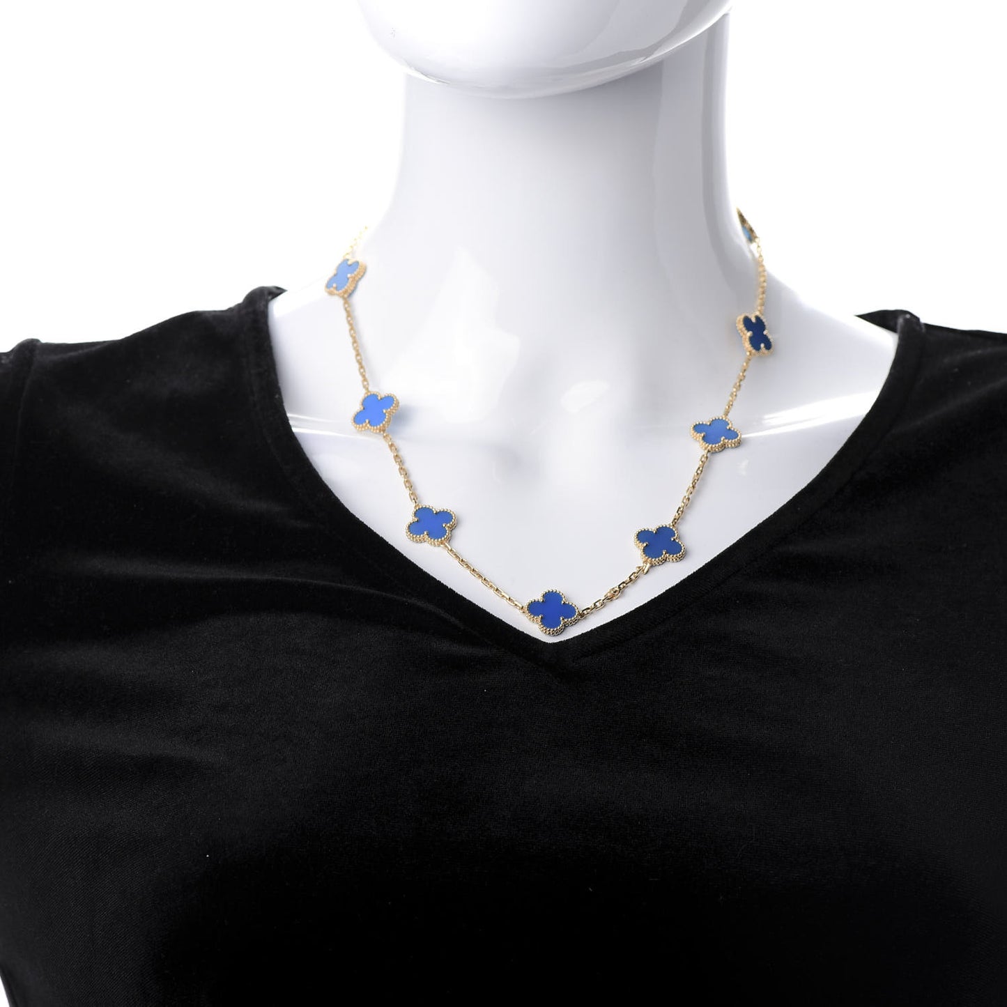 18K Yellow Gold Blue Agate 10 Motifs Vintage Alhambra Necklace