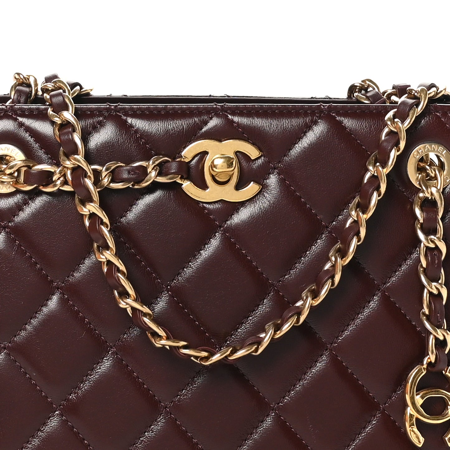 Shiny Calfskin Quilted Small Shopping Bag Burgundy