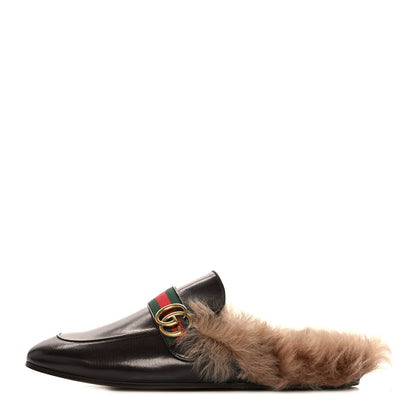 Gucci Goatskin Fur Web GG Mens Princetown Slippers 12 Cocoa 1 of 10