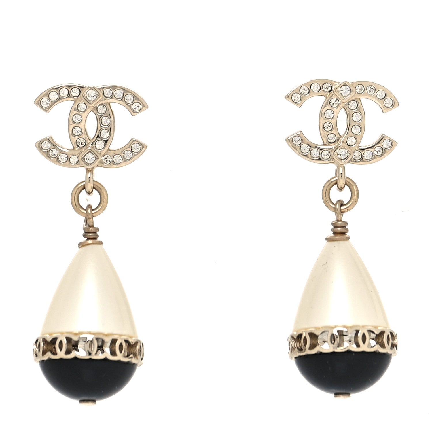 Chanel Crystal Pearl CC Fantasy Drop Earrings Gold Black 1 of 4
