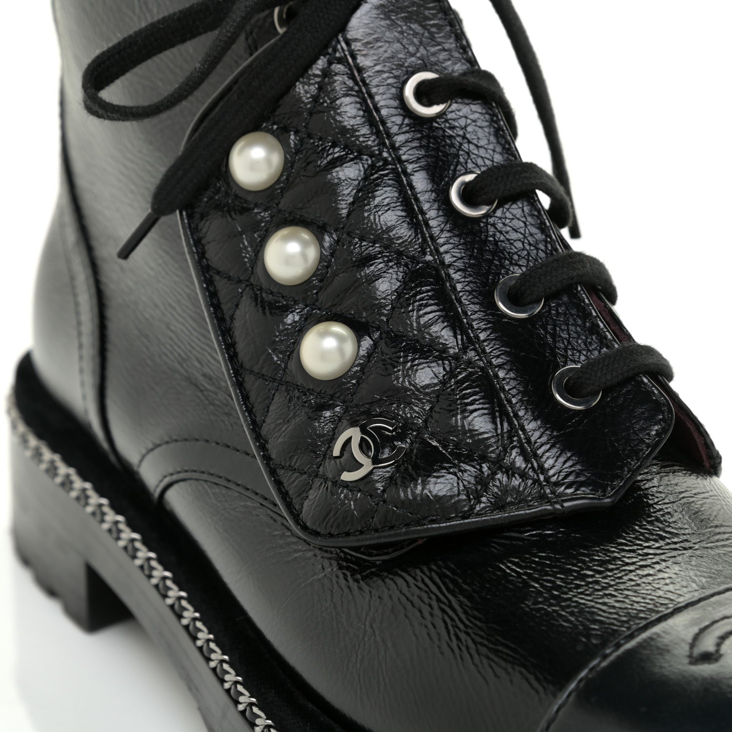 Chanel Crackled Calfskin Velvet Pearl Combat Short Boots 39 Black 13 of 19