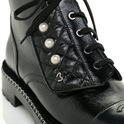 Chanel Crackled Calfskin Velvet Pearl Combat Short Boots 39 Black 13 of 19