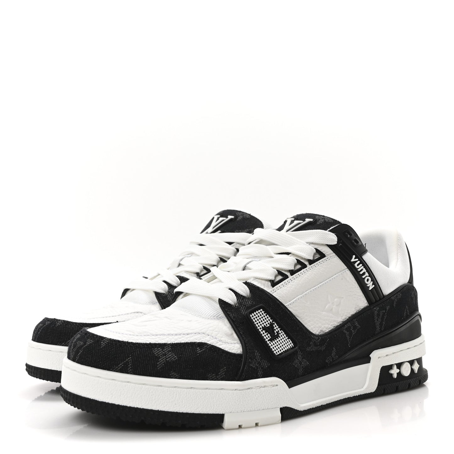 Calfskin Embossed Monogram Denim Mens LV Trainer Sneakers 9.5 Black