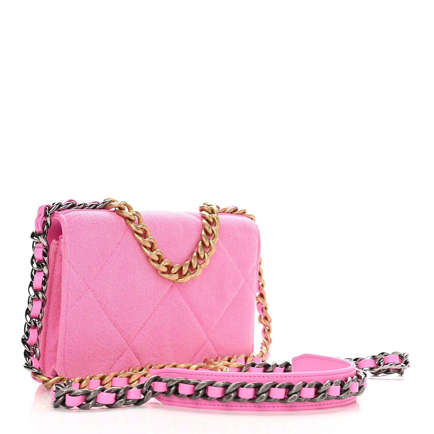 Denim Quilted Chanel 19 Wallet On Chain WOC Neon Pink