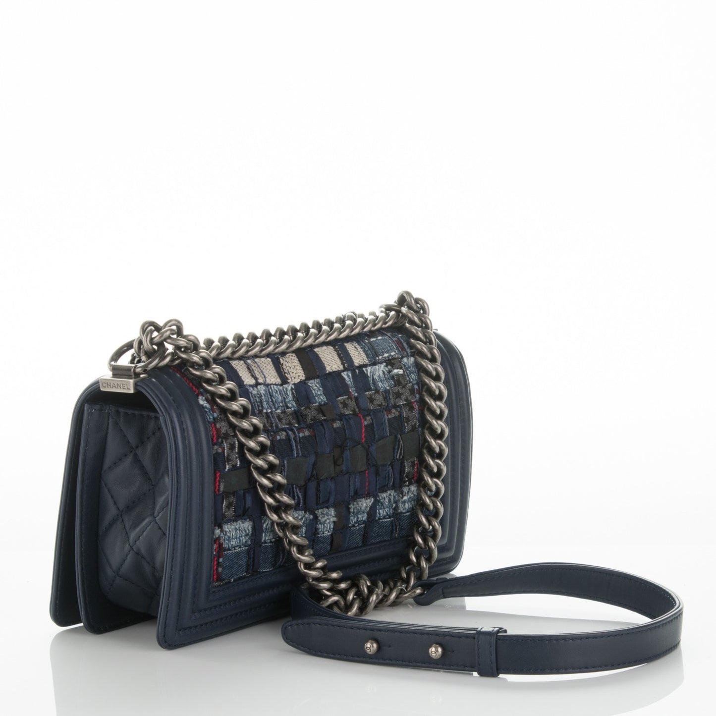 Lambskin Denim Tweed Medium Enchained Boy Flap Navy Blue