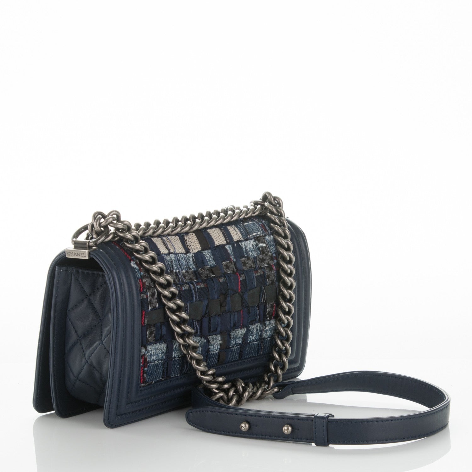 Chanel Lambskin Denim Tweed Medium Enchained Boy Flap Navy Blue 3 of 7