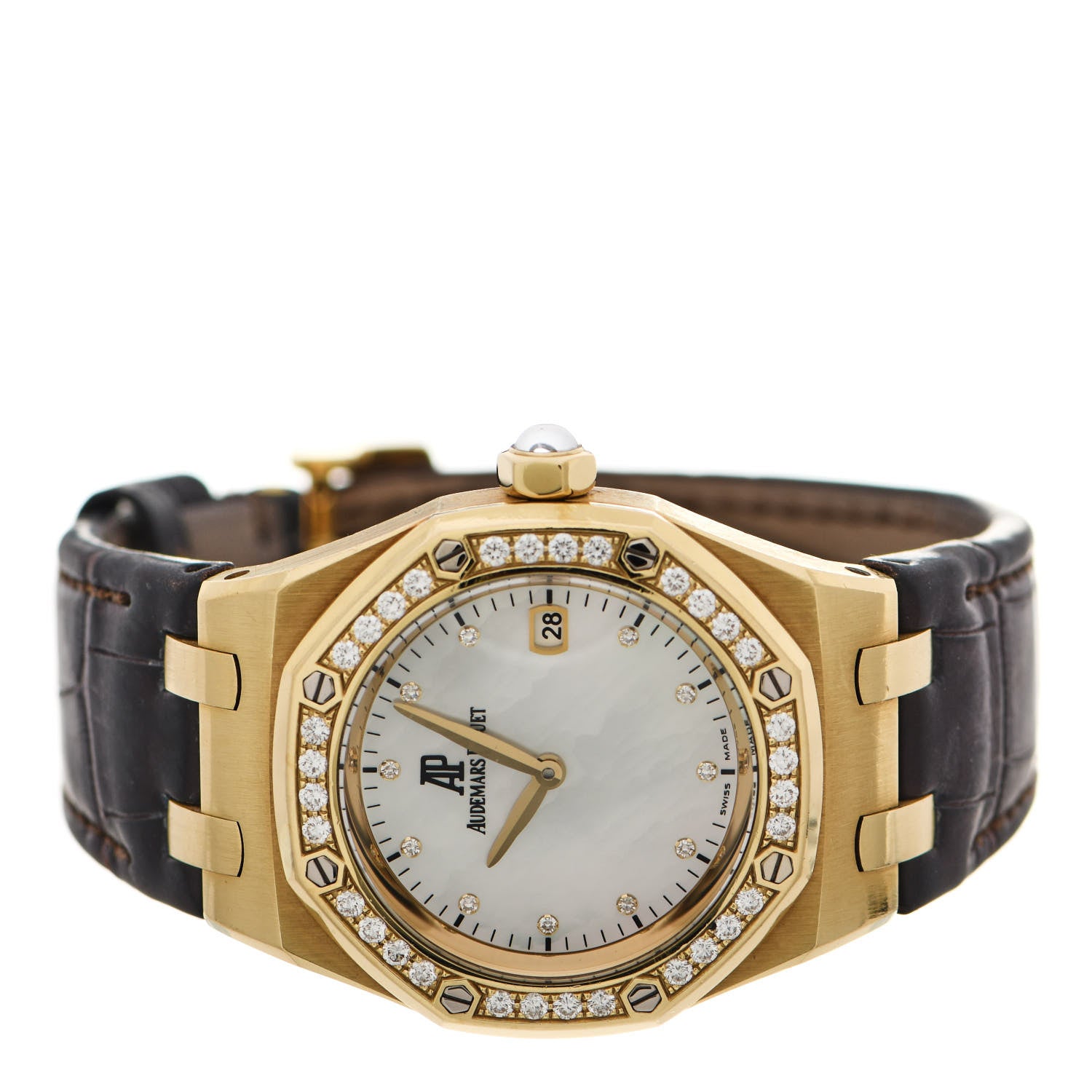 Audemars Piguet 18K Yellow Gold Alligator Mother of Pearl Diamond 33mm Royal Oak Quartz Watch Brown 67601BA.ZZ.D012CR.03 2 of 5