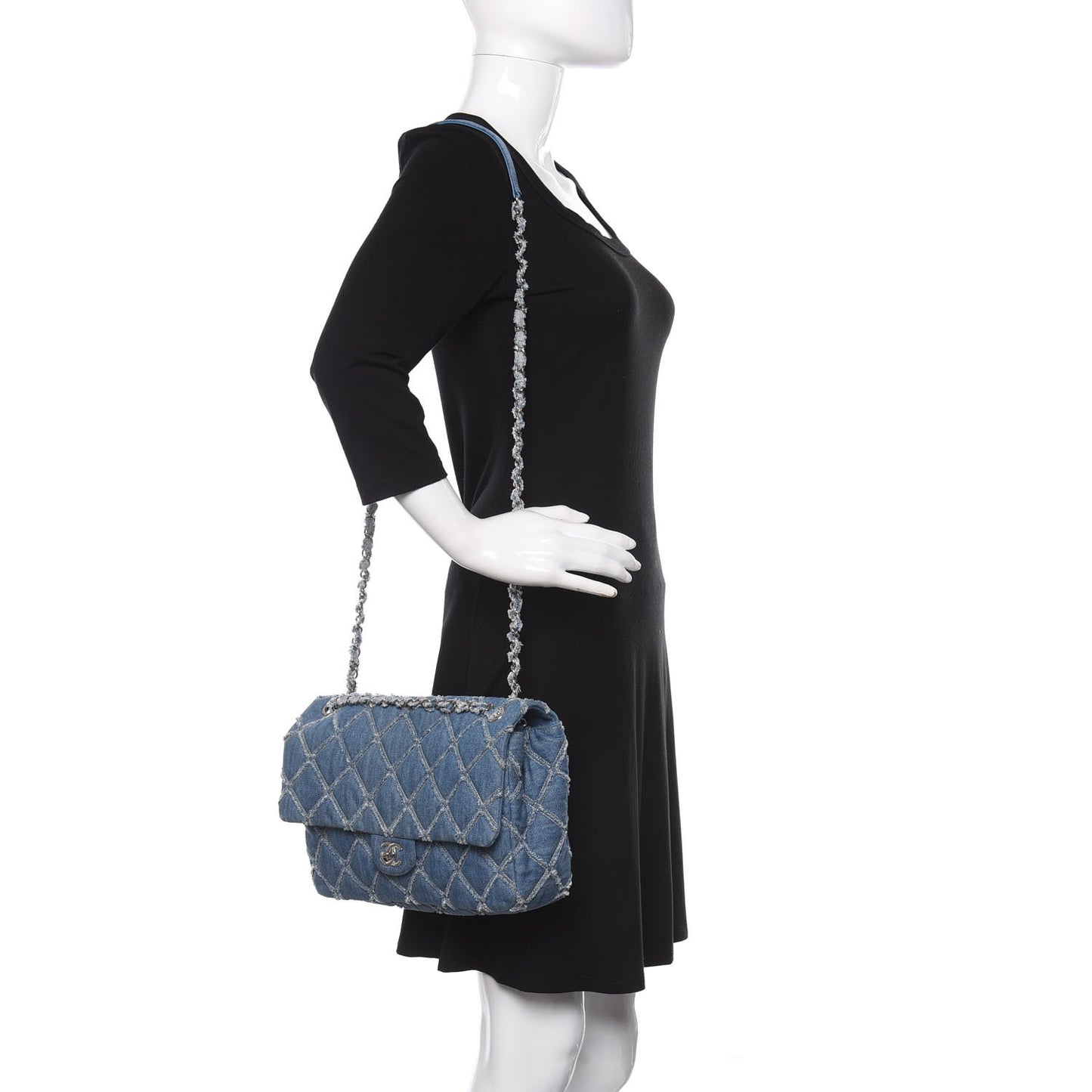 Frayed Denim Quilted Large Blue Chip Flap Blue