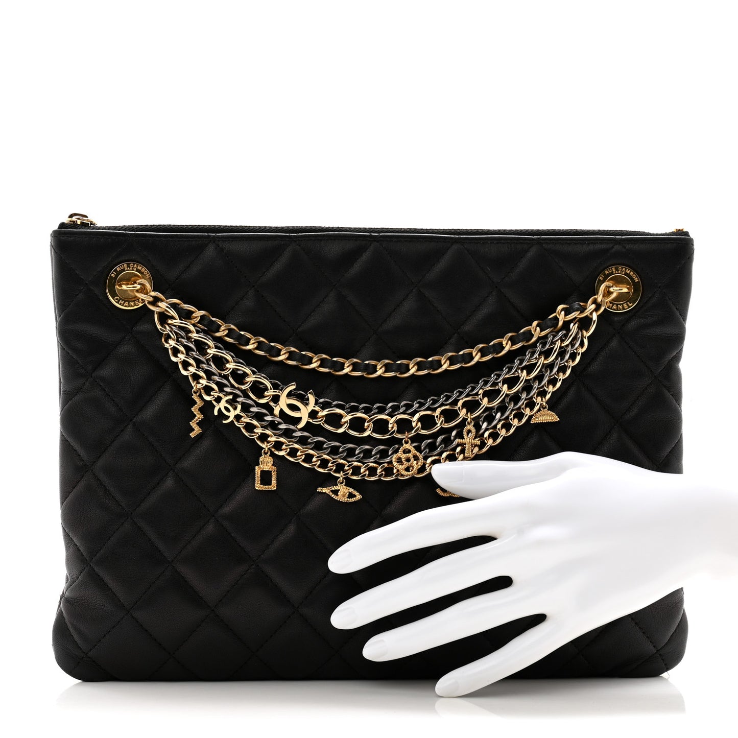 Lambskin Quilted Egyptian Amulet Zipped Pouch Black
