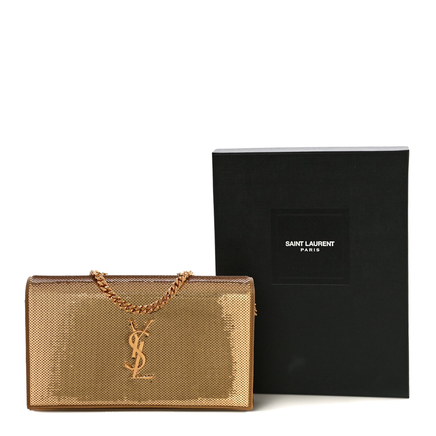 Sequin Monogram Chain Wallet Gold