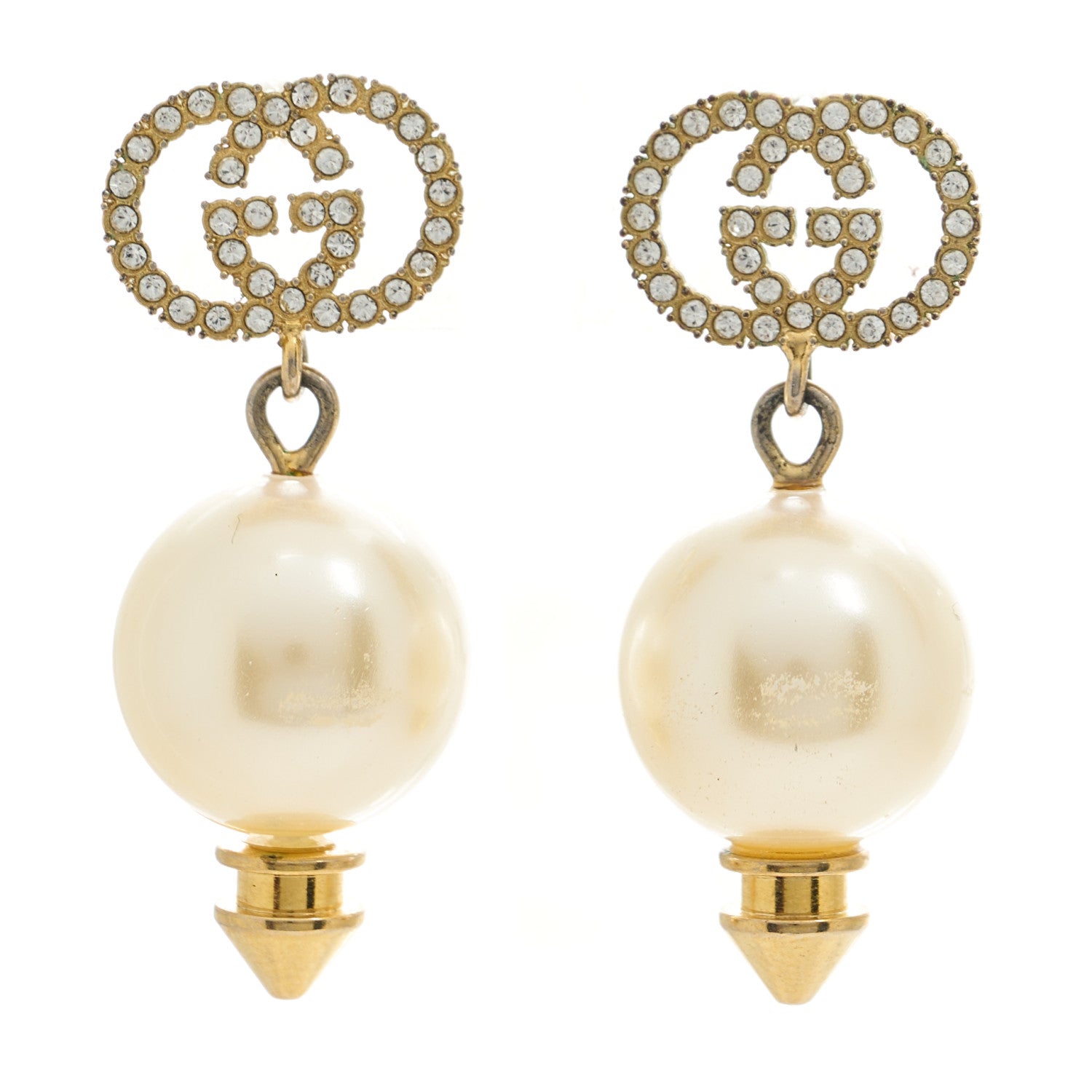 Gucci Metal Crystal Pearl Interlocking G Earrings Shiny Gold 1 of 4