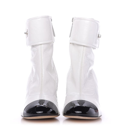 Chanel Distressed Patent Cap Toe CC Turnlock Ankle Boots 37.5 White Black 3 of 10